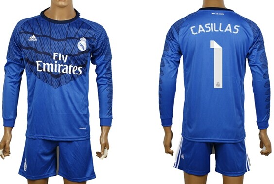 2014/15 Real Madrid #1 Casillas Goalkeeper Blue Soccer Long Sleeve Shirt Kit