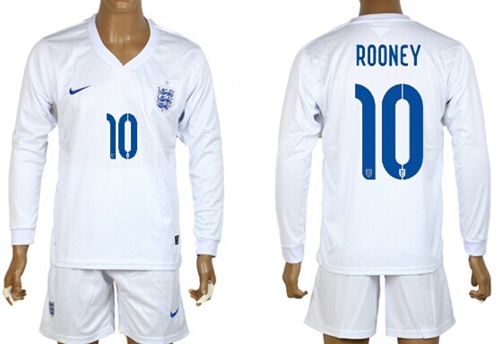 2014 World Cup England #10 Rooney Home Soccer Long Sleeve Shirt Kit