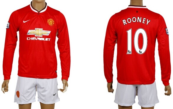 2014/15 Manchester United #10 Rooney Home Soccer Long Sleeve Shirt Kit