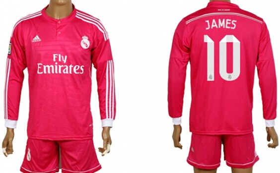 2014/15 Real Madrid #10 James Away Pink Soccer Long Sleeve Shirt Kit
