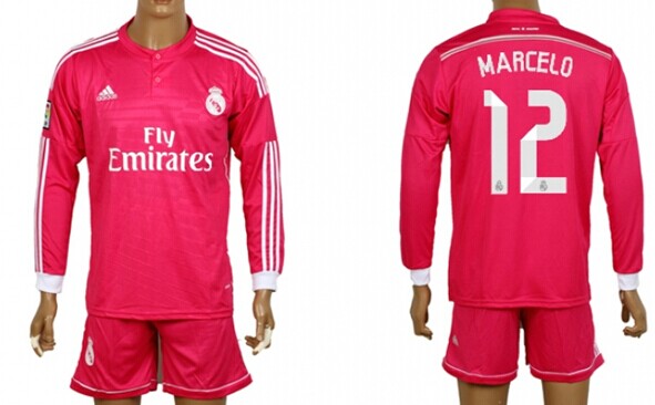 2014/15 Real Madrid #12 Marcelo Away Pink Soccer Long Sleeve Shirt Kit