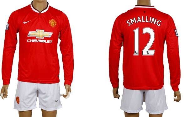 2014/15 Manchester United #12 Smalling Home Soccer Long Sleeve Shirt Kit