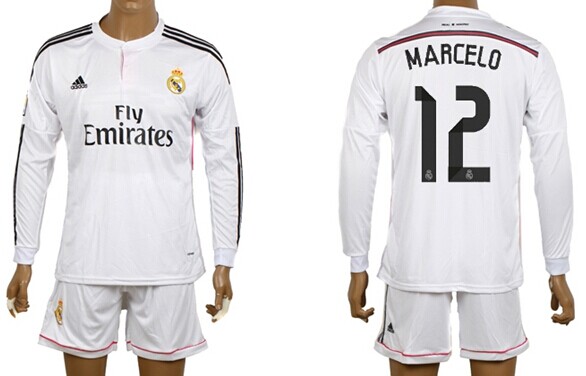 2014/15 Real Madrid #12 Marcelo Home Soccer Long Sleeve Shirt Kit