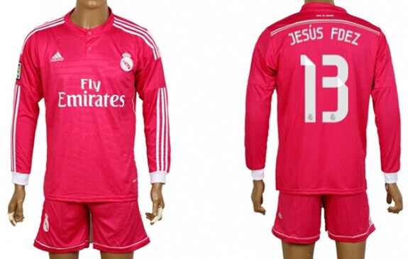 2014/15 Real Madrid #13 Jesus Fdez Away Pink Soccer Long Sleeve Shirt Kit