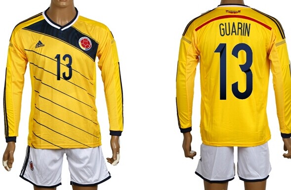 2014 World Cup Columbia #13 Guarin Home Soccer Long Sleeve Shirt Kit