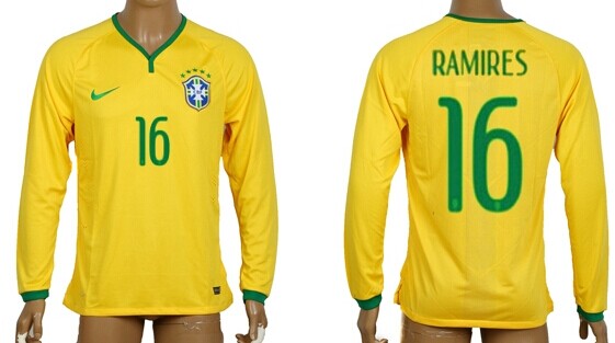 2014 World Cup Brazil #16 Ramires Home Soccer Long Sleeve AAA+ T-Shirt
