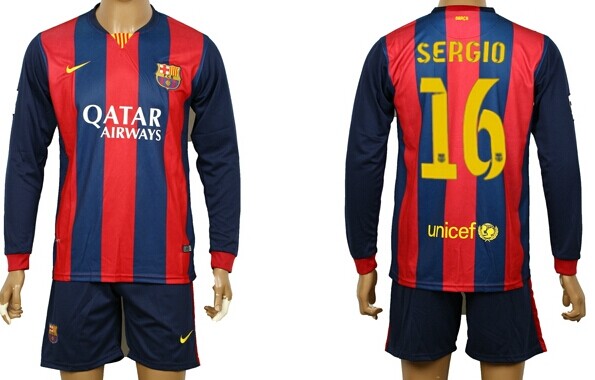 2014/15 FC Bacelona #16 Sergio Home Soccer Long Sleeve Shirt Kit