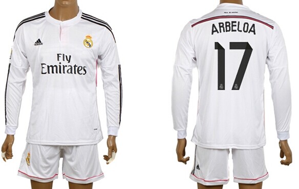 2014/15 Real Madrid #17 Arbeloa Home Soccer Long Sleeve Shirt Kit