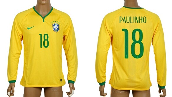 2014 World Cup Brazil #18 Paulinho Home Soccer Long Sleeve AAA+ T-Shirt