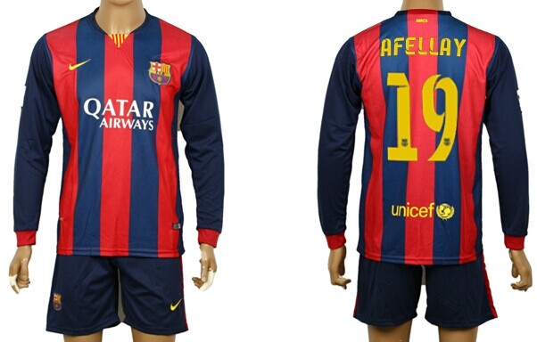 2014/15 FC Bacelona #19 Afellay Home Soccer Long Sleeve Shirt Kit