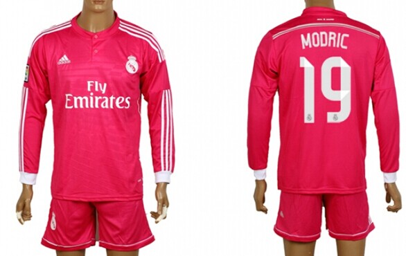 2014/15 Real Madrid #19 Modric Away Pink Soccer Long Sleeve Shirt Kit