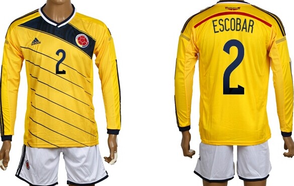 2014 World Cup Columbia #2 Escobar Home Soccer Long Sleeve Shirt Kit
