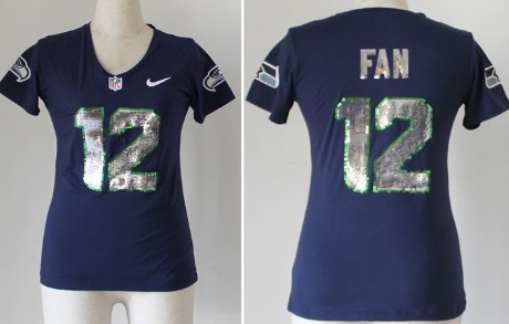 Nike Seattle Seahawks #12 Fan Handwork Sequin Lettering Fashion Blue Womens Jersey
