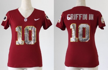 Nike Washington Redskins #10 Robert Griffin III Handwork Sequin Lettering Fashion Red Womens Jersey