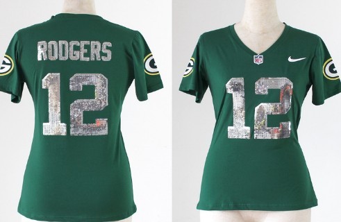 Nike Green Bay Packers #12 Aaron Rodgers Handwork Sequin Lettering Fashion Green Womens Jersey