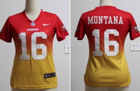 Nike San Francisco 49ers #16 Joe Montana Red/Gold Fadeaway Womens Jersey