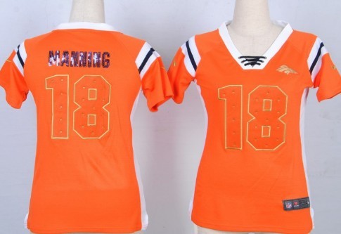 Nike Denver Broncos #18 Peyton Manning Drilling Sequins Orange Womens Jersey