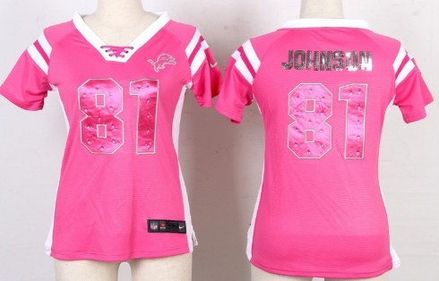 Nike Detroit Lions #81 Calvin Johnson Drilling Sequins Pink Womens Jersey
