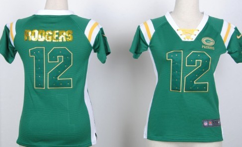 Nike Green Bay Packers #12 Aaron Rodgers Drilling Sequins Green Womens Jersey