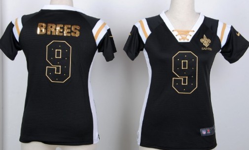 Nike New Orleans Saints #9 Drew Brees Drilling Sequins Black Womens Jersey
