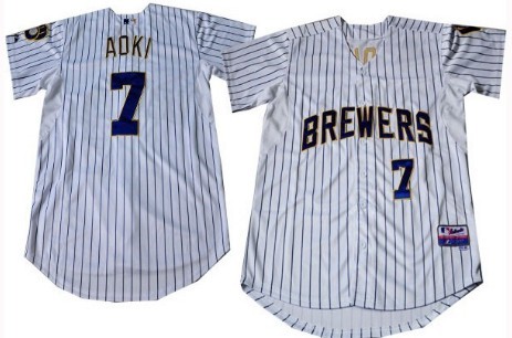 Milwaukee Brewers #7 Norichika Aoki White Pinstripe Jersey