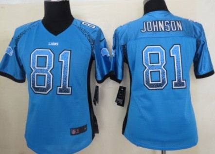 Nike Detroit Lions #81 Calvin Johnson 2013 Drift Fashion Blue Womens Jersey