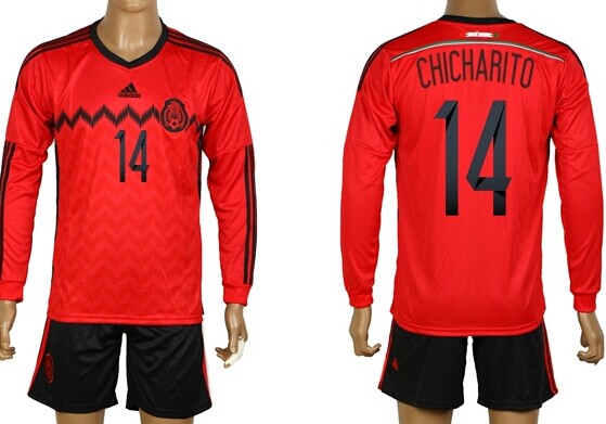 2014 World Cup Mexico #14 Chicharito Away Soccer Long Sleeve Shirt Kit