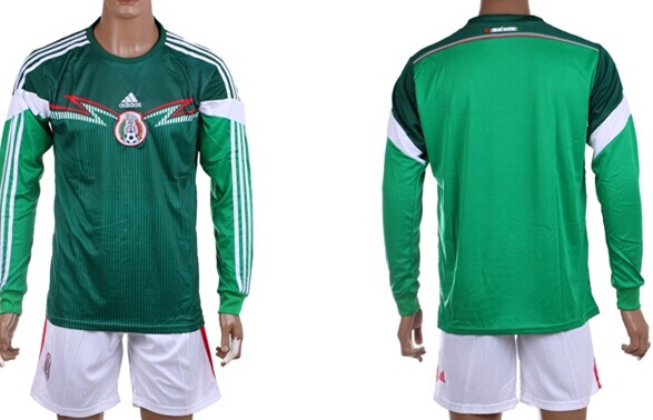 2014 World Cup Mexico Blank (or Custom) Home Soccer Long Sleeve Shirt Kit