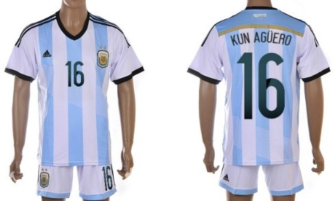 2014 World Cup Argentina #16 Kun Aguero Home Soccer Shirt Kit