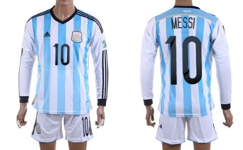 2014 World Cup Argentina #10 Messi Home Soccer Long Sleeve Shirt Kit