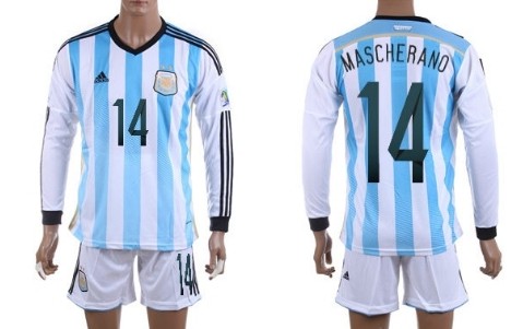 2014 World Cup Argentina #14 Mascherano Home Soccer Long Sleeve Shirt Kit