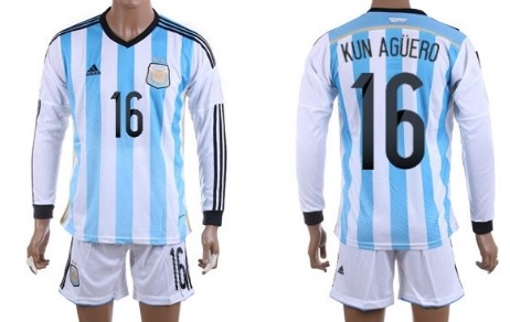 2014 World Cup Argentina #16 Kun Aguero Home Soccer Long Sleeve Shirt Kit