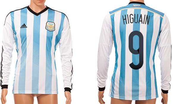2014 World Cup Argentina #9 Higuain Home Soccer Long Sleeve AAA+ T-Shirt
