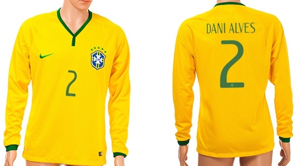2014 World Cup Brazil #2 Dani Alves Home Long Sleeve AAA+ T-Shirt