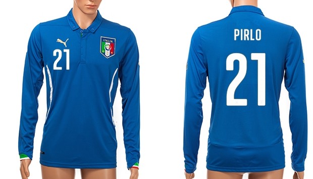 2014 World Cup Italy #21 Pirlo Home Soccer Long Sleeve AAA+ T-Shirt