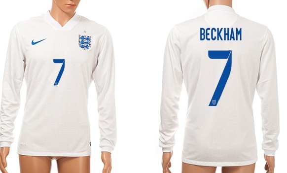 2014 World Cup England #7 Beckham Home Soccer Long Sleeve AAA+ T-Shirt