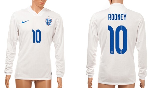2014 World Cup England #10 Rooney Home Soccer Long Sleeve AAA+ T-Shirt