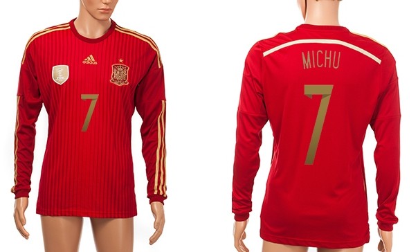 2014 World Cup Spain #7 Michu Home Soccer Long Sleeve AAA+ T-Shirt