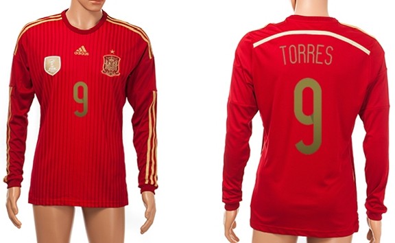 2014 World Cup Spain #9 Torres Home Soccer Long Sleeve AAA+ T-Shirt