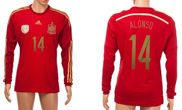 2014 World Cup Spain #14 Alonso Home Soccer Long Sleeve AAA+ T-Shirt