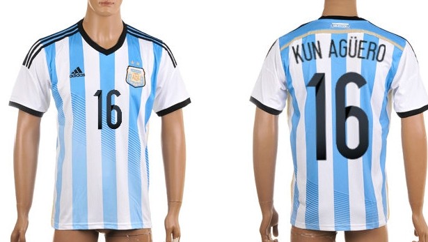2014 World Cup Argentina #16 Kun Aguero Home Soccer AAA+ T-Shirt