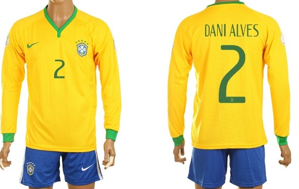2014 World Cup Brazil #2 Dani Alves Home Long Sleeve Shirt Kit