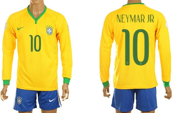 2014 World Cup Brazil #10 Neymar Jr Home Long Sleeve Shirt Kit