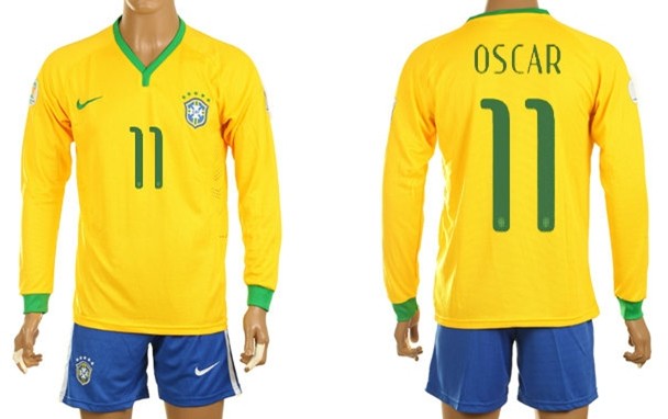 2014 World Cup Brazil #11 Oscar Home Long Sleeve Shirt Kit