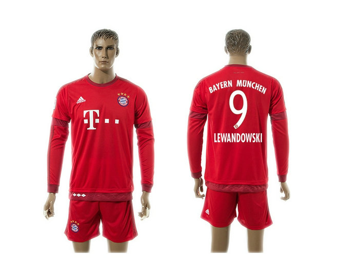 2015-2016 Bayern Munich Soccer Jersey Uniform Long Sleeves Red #9 LEWANDOWSKI