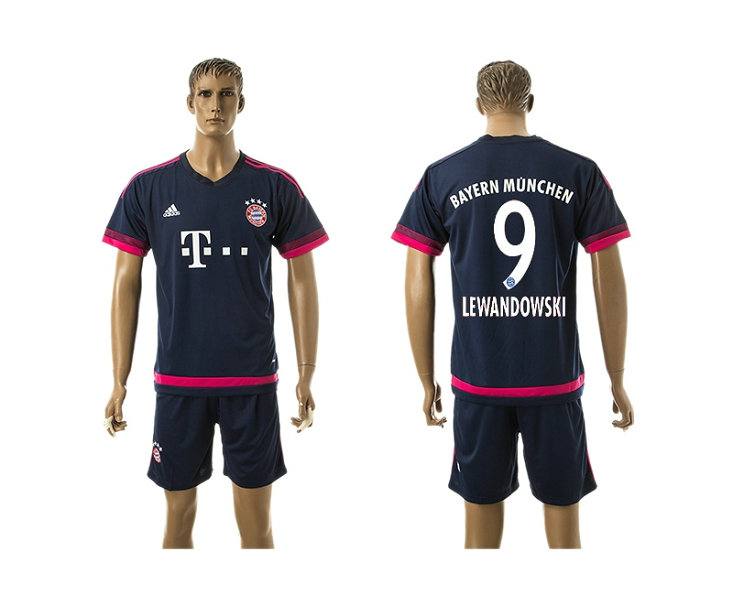 2015-2016 Bayern Munich Soccer Jersey Uniform Short Sleeves Navy #9 LEWANDOWSKI