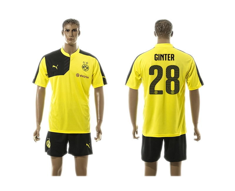 2015-2016 Borussia Dortmund Yellow Soccer Jersey Uniform #28 Ginter