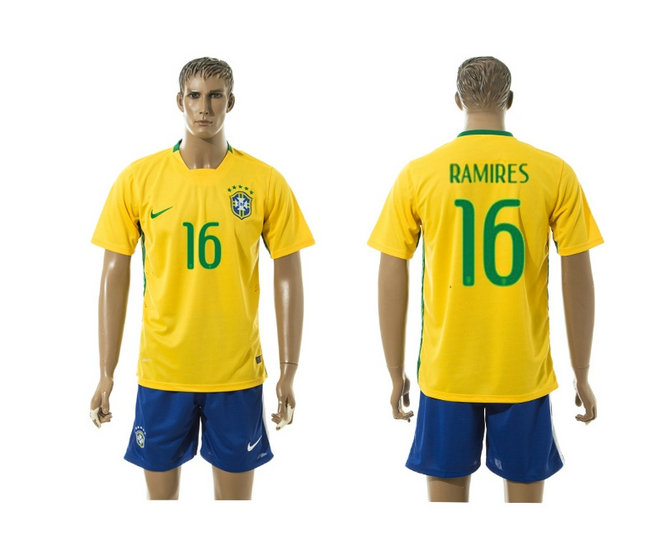 2015-2016 Brazil Soccer Jersey Uniform Short Sleeves Yellow #16 RAMIRES