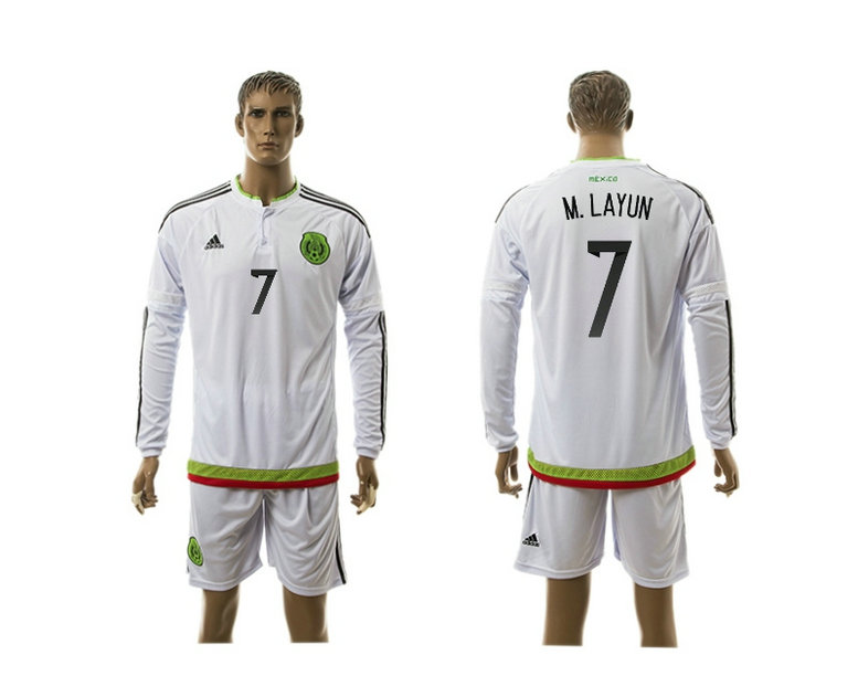 2015-2016 Mexico Soccer Jersey Uniform White Away Long Sleeves #7 M.LAYUN