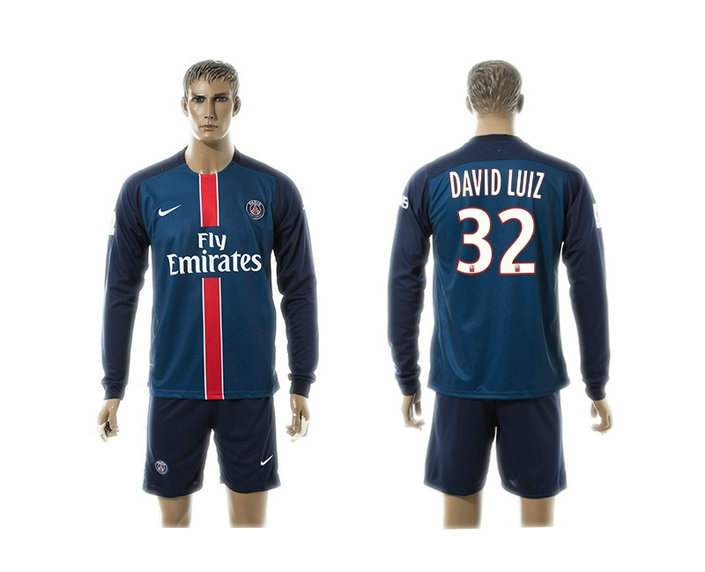 2015-2016 PSG Jersey Blue Soccer Uniform Long Sleeves #32 DAVID LUIZ
